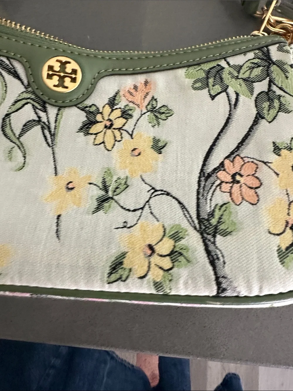 Tory Burch Olive Green Floral Bird Shoulder Bag